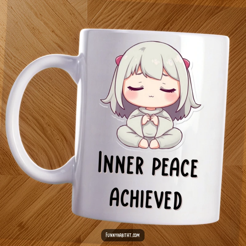 Funny mug featuring a character peacefully meditating with eyes closed, radiating a sense of calm and serenity.