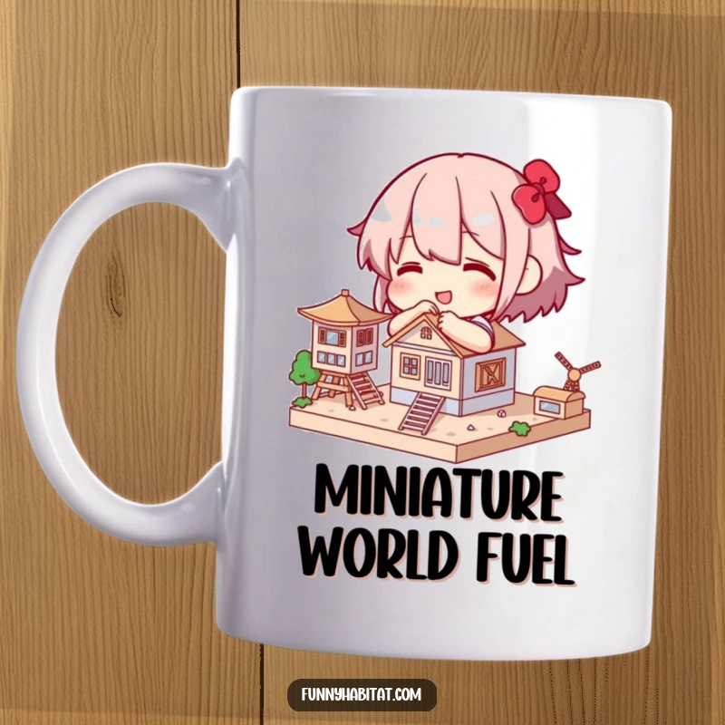 Funny mug with a character happily focused on building a small, detailed model structure with precision and care.