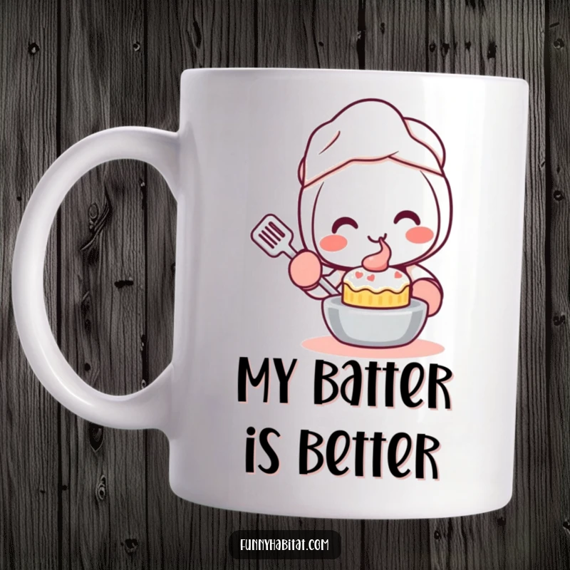 Funny Kawaii Mug, a happy character with oven mitts smiles while baking a small cake, perfect for kitchen humor.