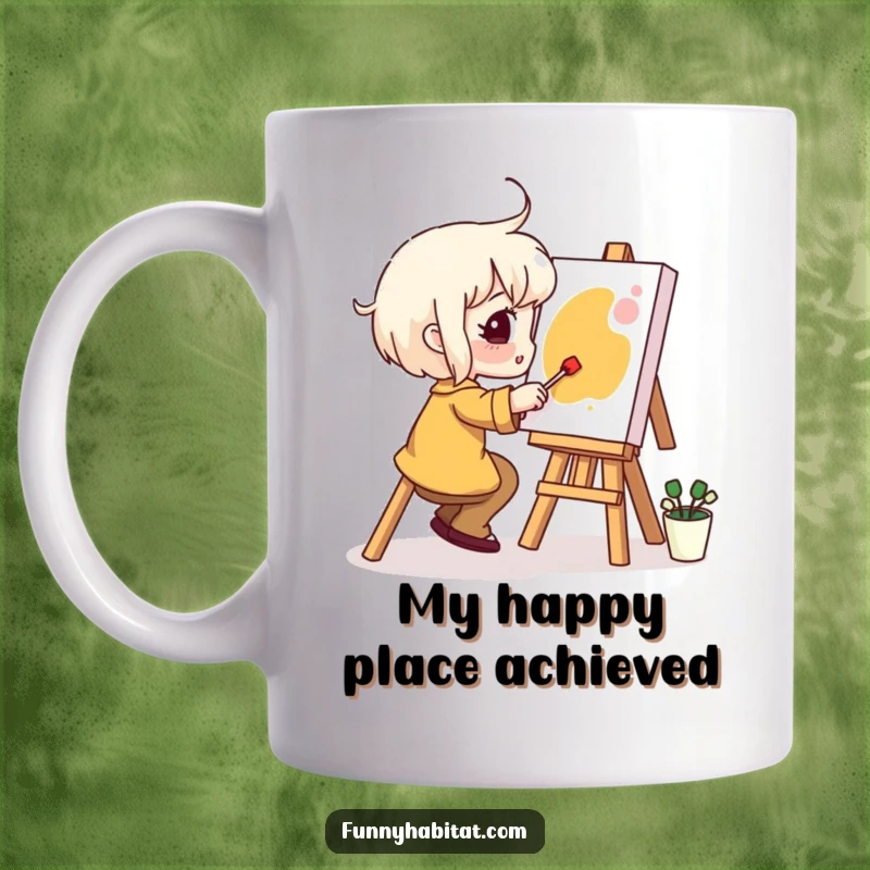 Funny Mug: Creative character gleefully paints a small canvas with a brush, expressing pure artistic joy and concentration.