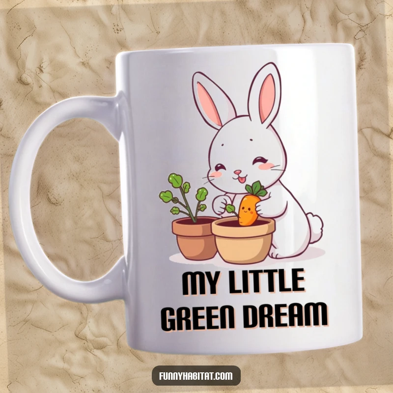 Funny rabbit character lovingly watering a smiling miniature carrot plant, perfect gift for gardeners and plant lovers.