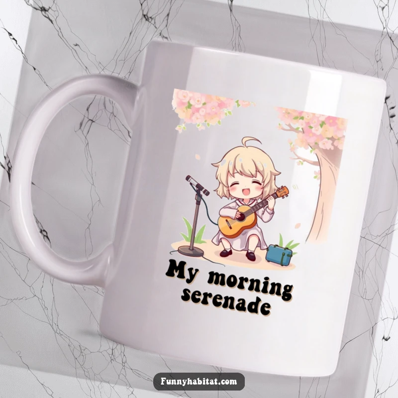 Funny mug with a character happily playing a guitar in a sunny field, embodying pure musical bliss and outdoor fun.