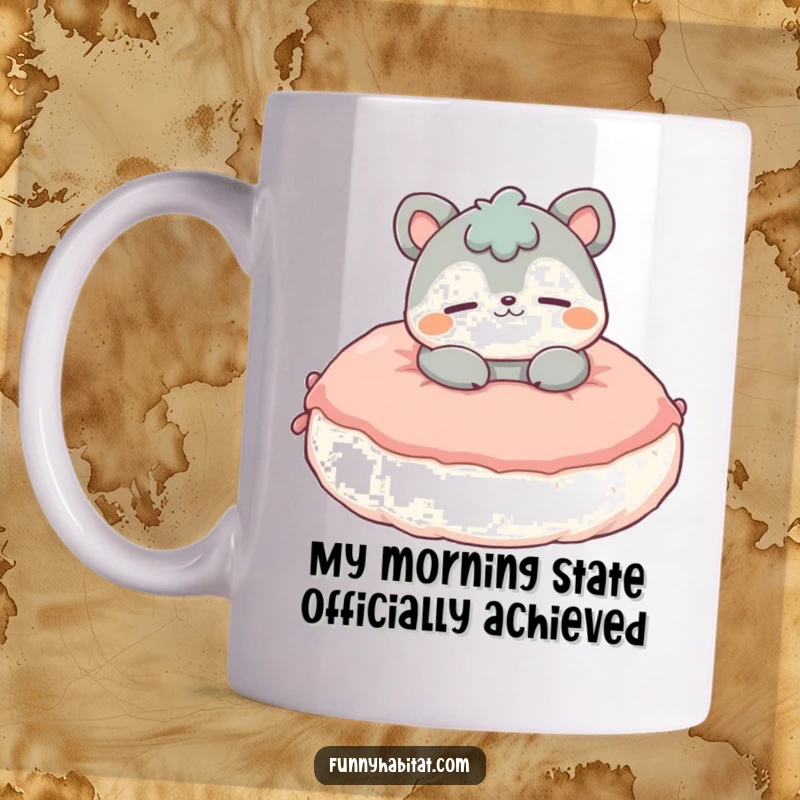 Funny Mug featuring a contented animal character lounging blissfully on a fluffy cushion, radiating pure joy and relaxation.