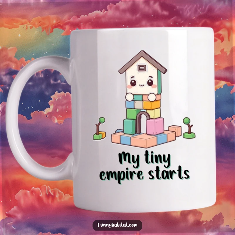 Funny mug showing a cute character intently building a small tower with colorful blocks, highlighting focus and fun.