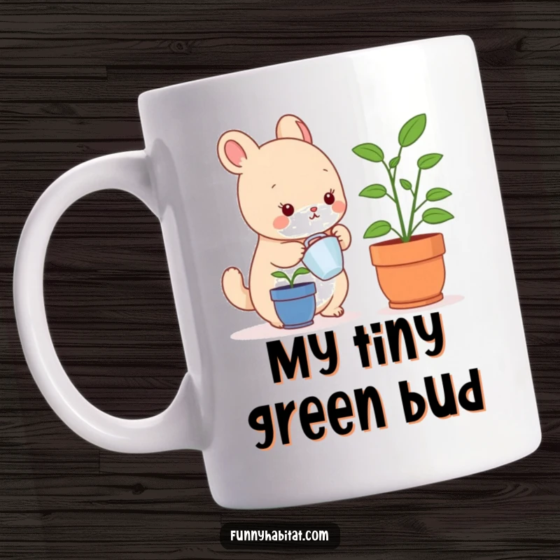 Funny ceramic mug featuring a happy small animal character joyfully watering a miniature potted plant indoors, a cute and funny gift.