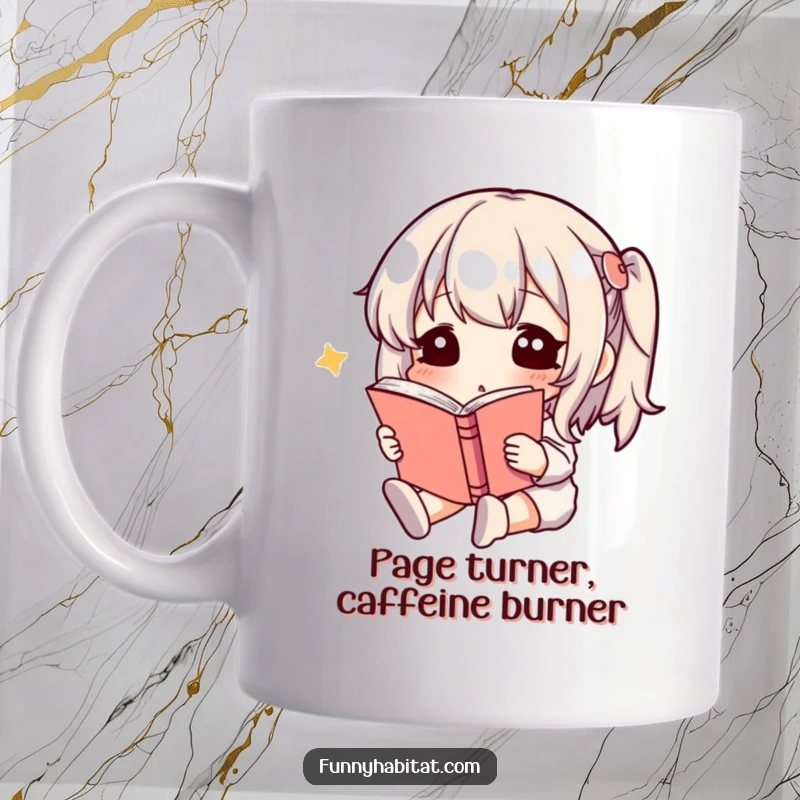 Funny Mug showing a content character deeply engrossed in reading a book, a peaceful smile on their face, embodying bookish serenity.