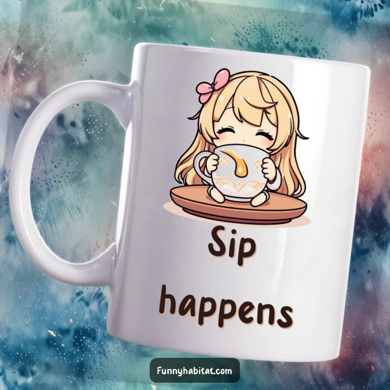 Funny relaxing mug featuring a character contentedly sipping tea, symbolizing peace and a humorous approach to unwinding.
