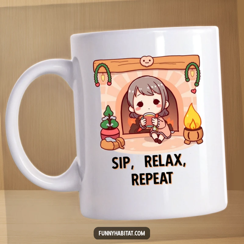 Funny Mug: Relaxed character enjoying a warm beverage by a cozy, illustrated fireplace, pure comfort.