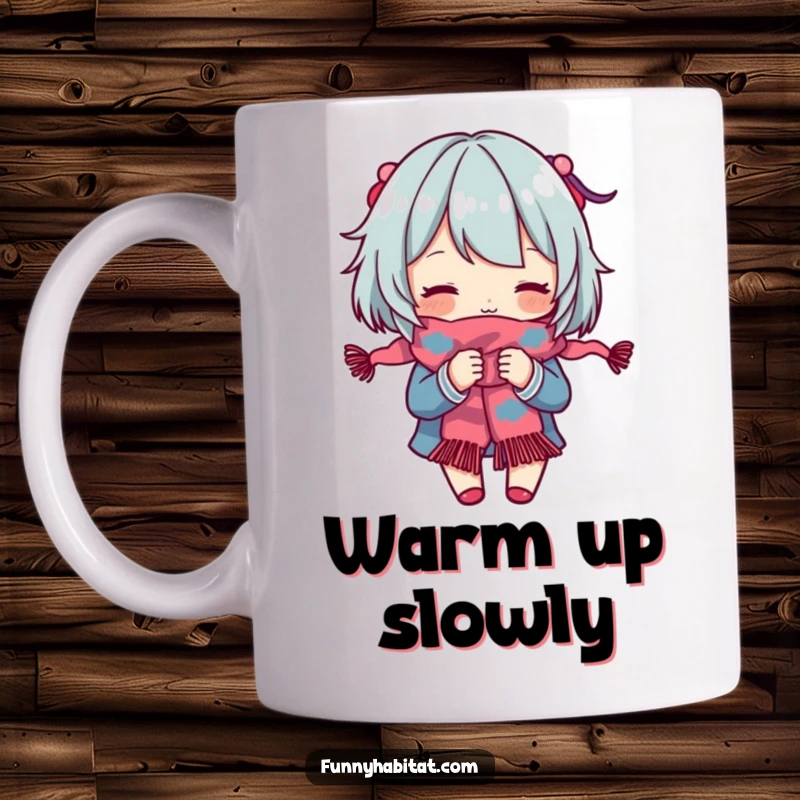 Funny Mug: A character engrossed in knitting a colorful scarf, focused and happy. Ideal gift for knitters.