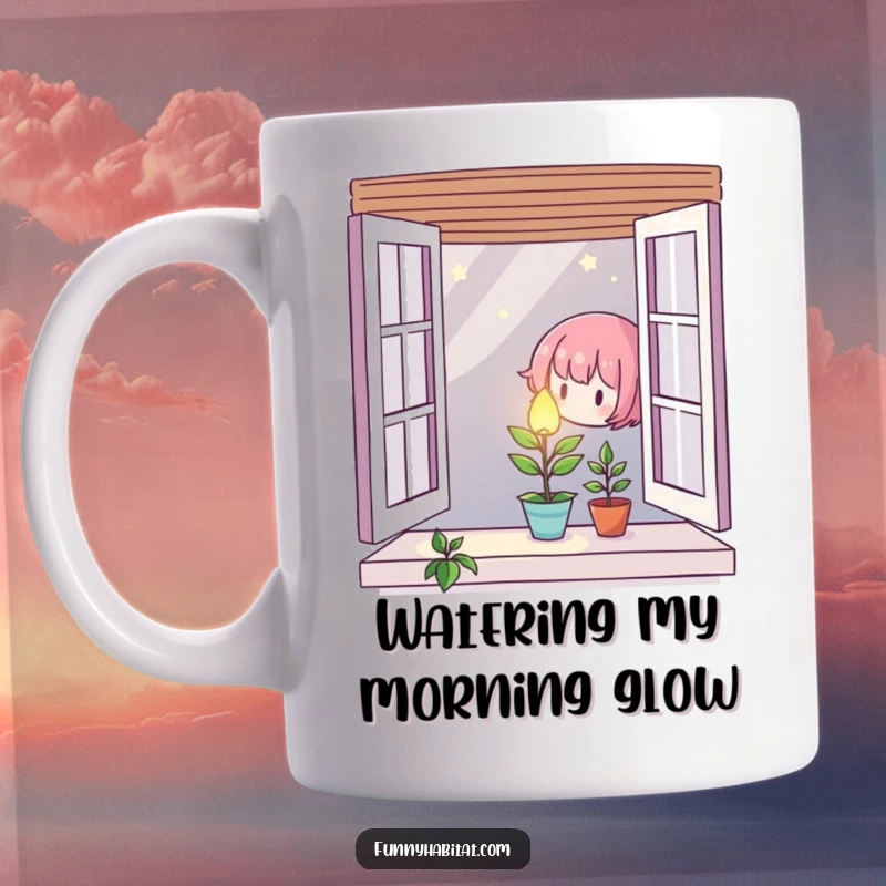 Gentle character carefully tending to a small, luminous plant on a windowsill, showcasing nurturing and growth.