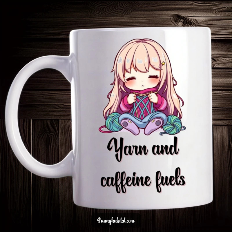 Funny Mug: A character intently knits with vibrant, colorful yarn, showcasing focus and a love for fiber arts.