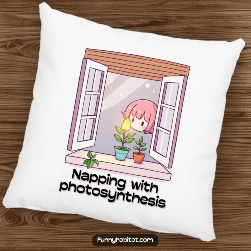 Character gently caring for a tiny, glowing plant in a window, printed on a soft, decorative pillow.