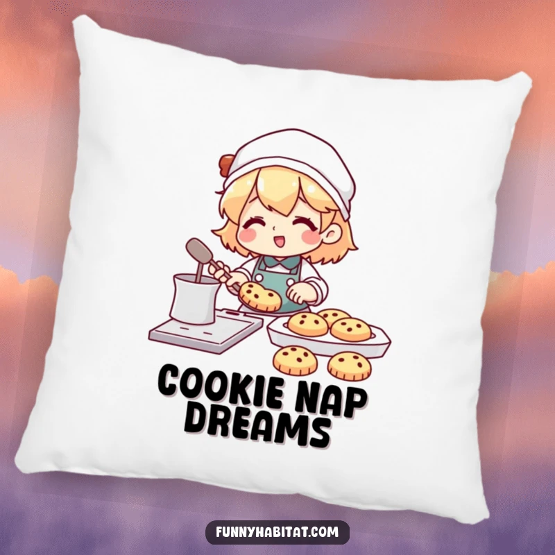 Funny pillow depicting a character happily baking cookies with a tray full of treats nearby; soft and humorous home decor.