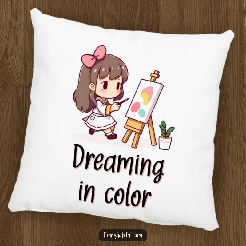 Funny pillow illustrating a character engrossed in painting on a small easel, offering plush comfort and inspiring artistic charm.