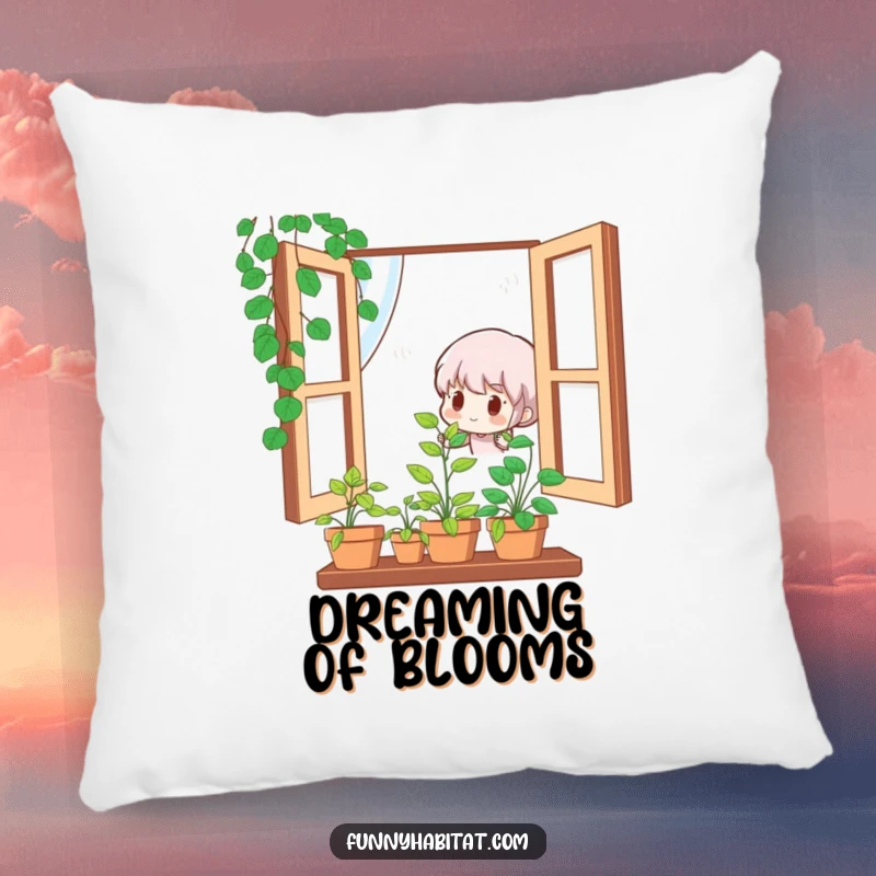 Funny pillow with a cute character happily tending a small, vibrant potted plant in a window, adding comfort and humor.