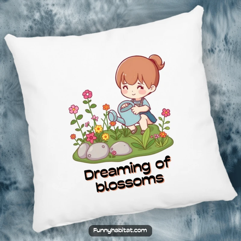 Funny pillow with a character watering a vibrant miniature garden, providing soft, humorous comfort for plant enthusiasts.