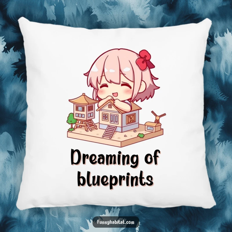 Funny pillow with a character happily building a small, intricate model structure, bringing comfort and hobby spirit.