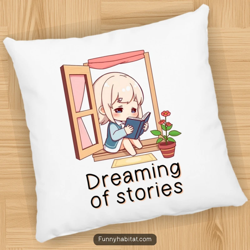 Funny character reading by a window on a soft pillow, designed for comfort and embodying a love for books with humor.