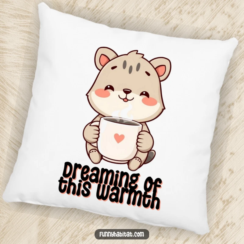 Funny Pillow featuring a cheerful animal with a happy smile, holding a steaming mug, perfect for comfort and humorous decor.