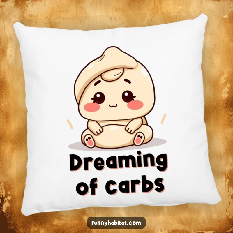 Funny character kneading dough with a contented expression, on a soft decorative pillow.