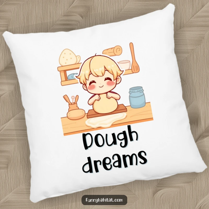 Funny Pillow: A cute character happily kneading dough, bringing warmth and humor to the kitchen.