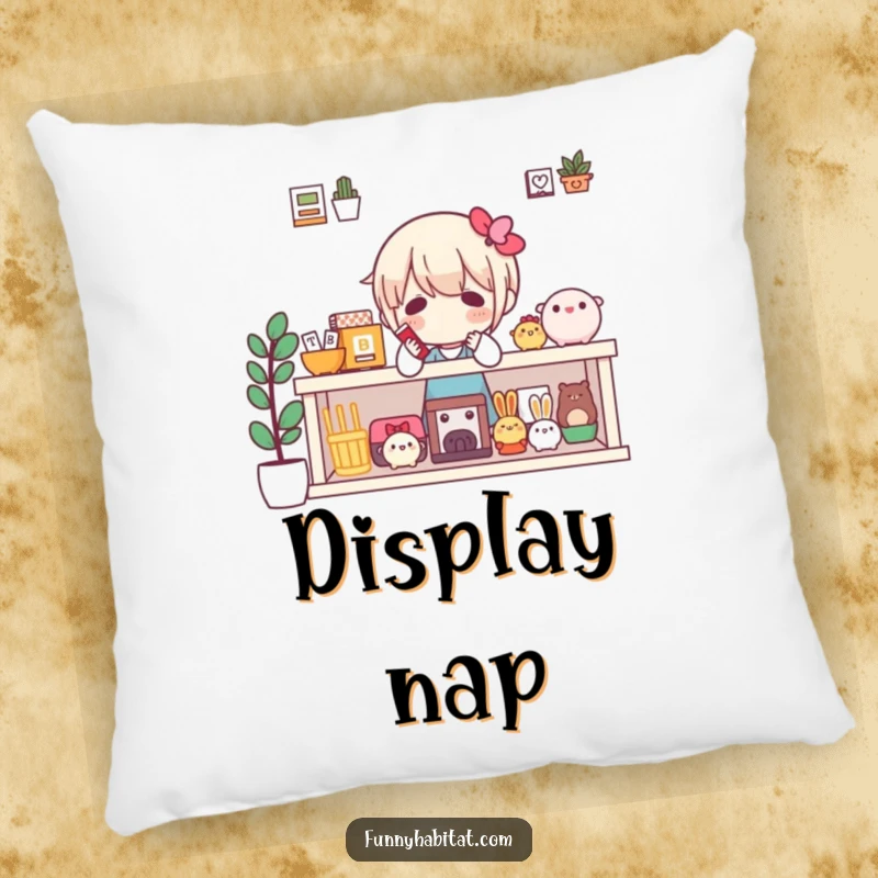 Funny collector's pillow with a character arranging items on a shelf, adding a touch of organizational humor.