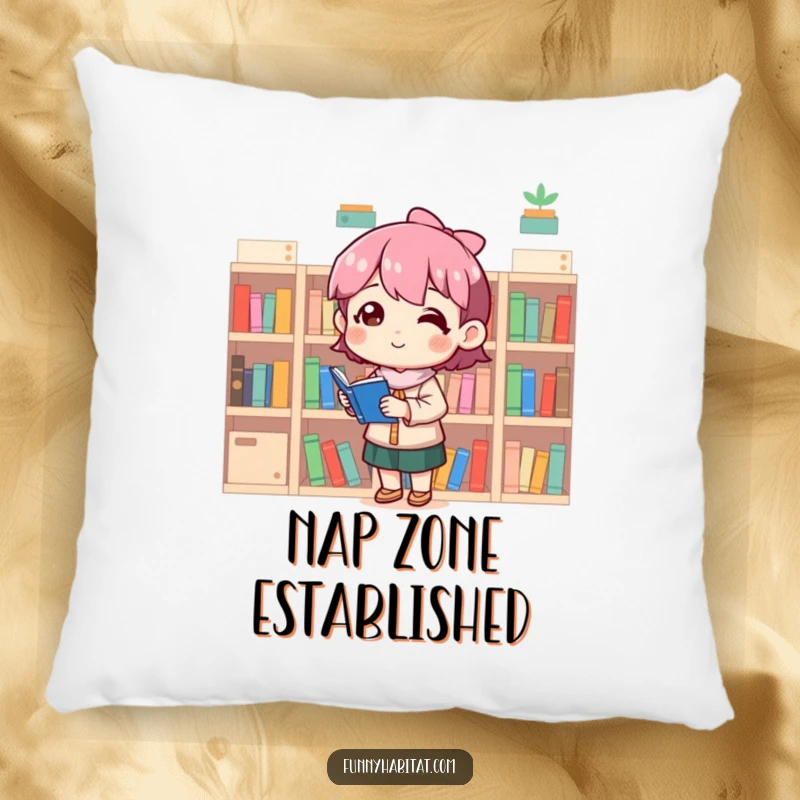 Funny pillow featuring a smiling character surrounded by miniature bookshelves, adding a touch of whimsical order to decor.