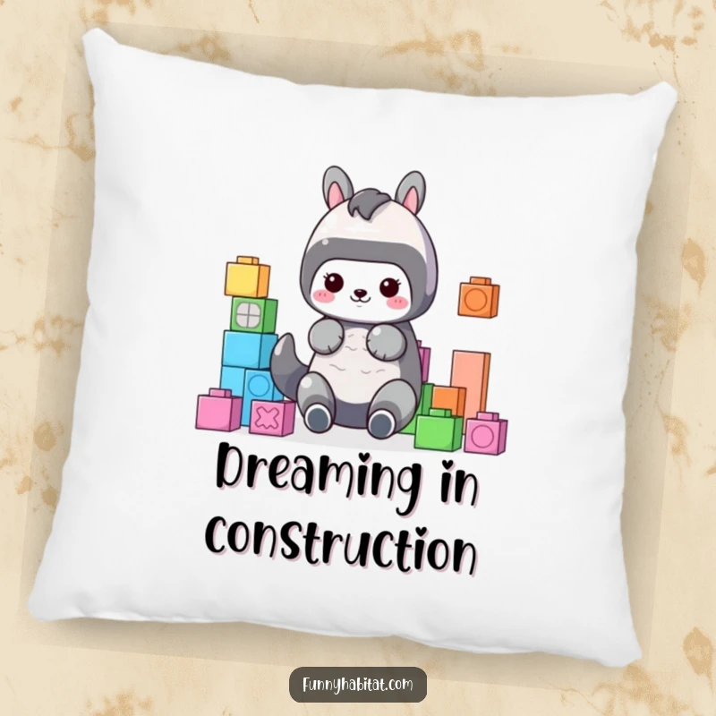Funny Pillow featuring a cute animal character organizing colorful building blocks, perfect for comfort and humorous decor.