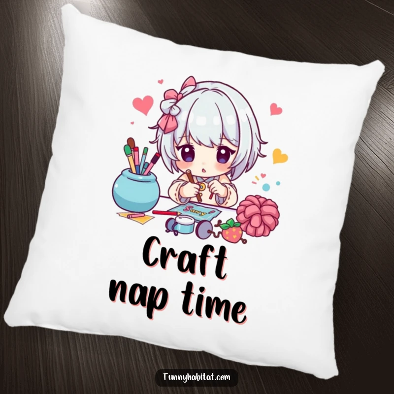 Funny pillow depicting a character engrossed in a colorful craft project, adding a touch of handmade humor to any room.