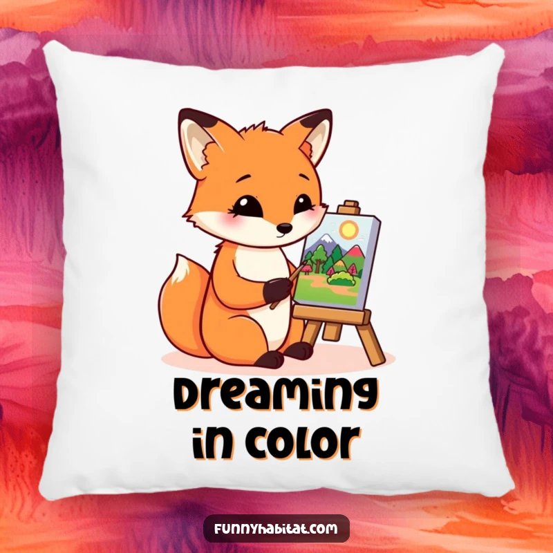 Funny fox character painting a colorful landscape on a tiny canvas, a soft and humorous decorative pillow for artists.