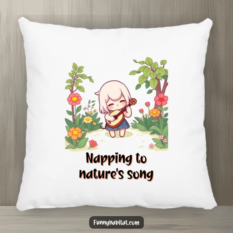 Funny pillow featuring a character playing a small instrument in a garden setting, providing a whimsical and comfortable accent.