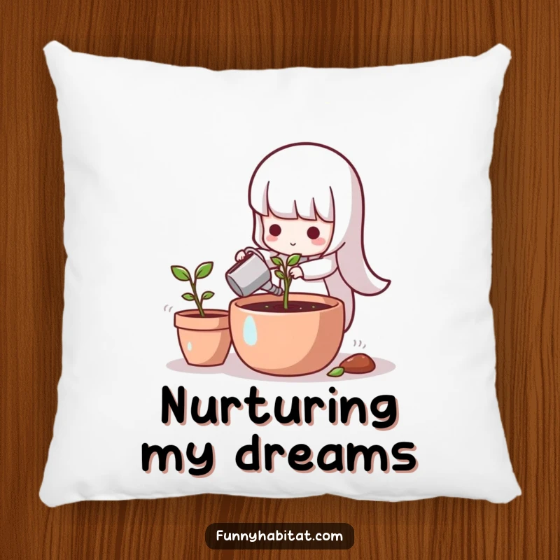 Funny character gently watering a tiny sprout in a sunlit pot, on a soft decorative pillow.