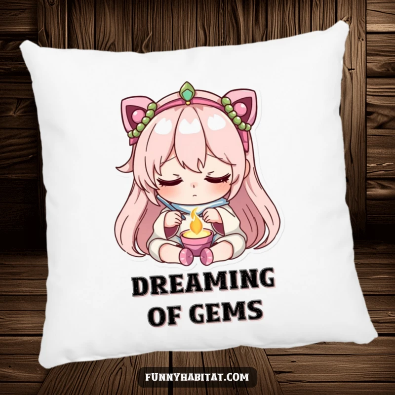 Funny pillow featuring a character with focused, peaceful concentration crafting beautiful jewelry, bringing comfort and calm.