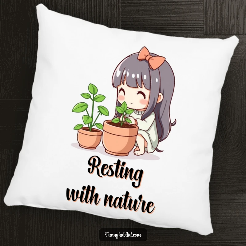 Funny Kawaii Pillow, a cute character tends a small flourishing plant, soft and decorative.