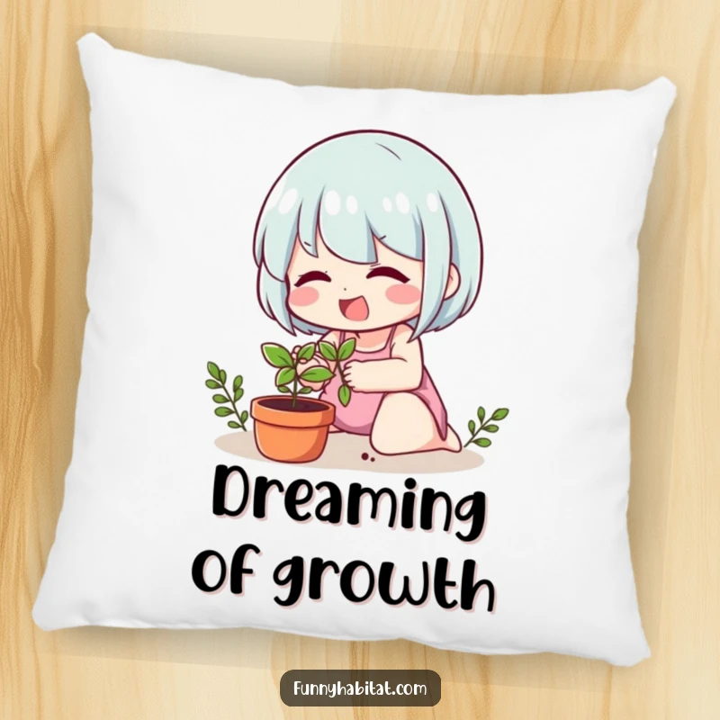 Funny pillow featuring a cheerful character tending to a small potted plant, evoking feelings of calm and nature.