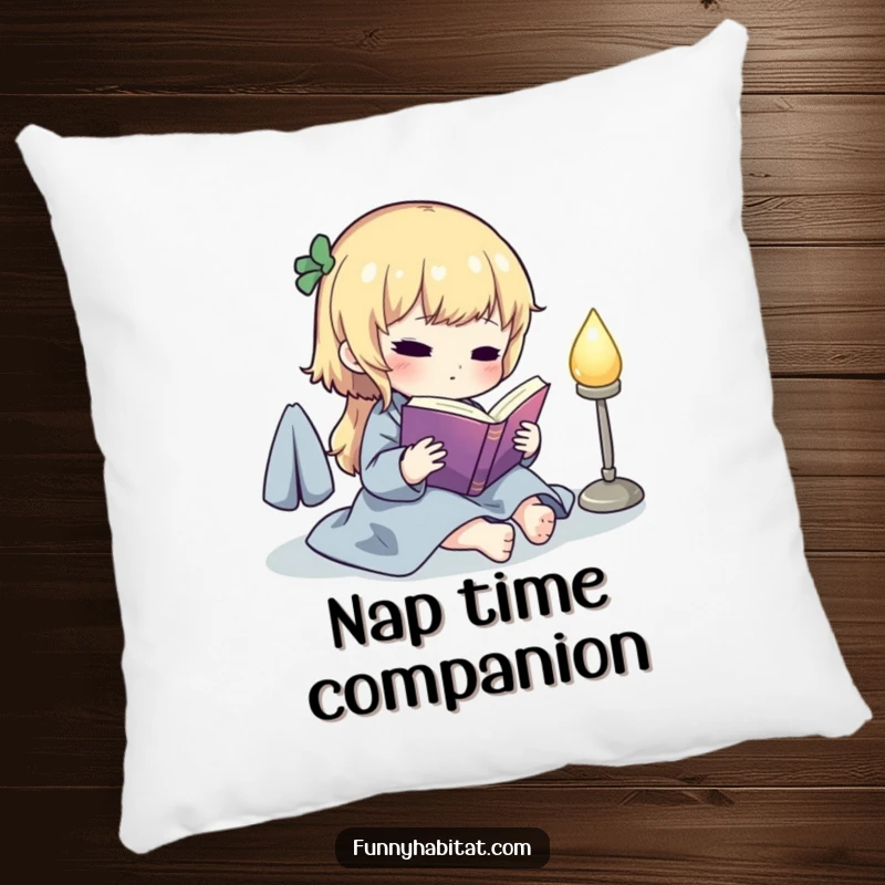 Funny pillow with a cute character reading a book under a soft glowing lamp, perfect for adding comfort and humor to any room.