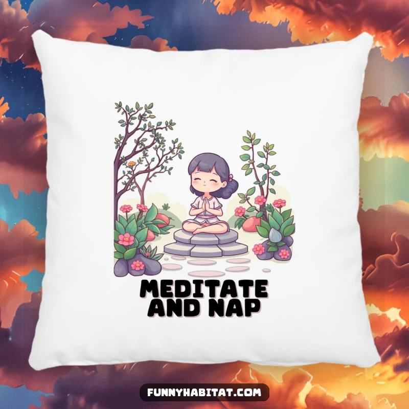 Funny Pillow: A character meditating peacefully in a serene garden, symbolizing tranquility and calm. Perfect for gifting.