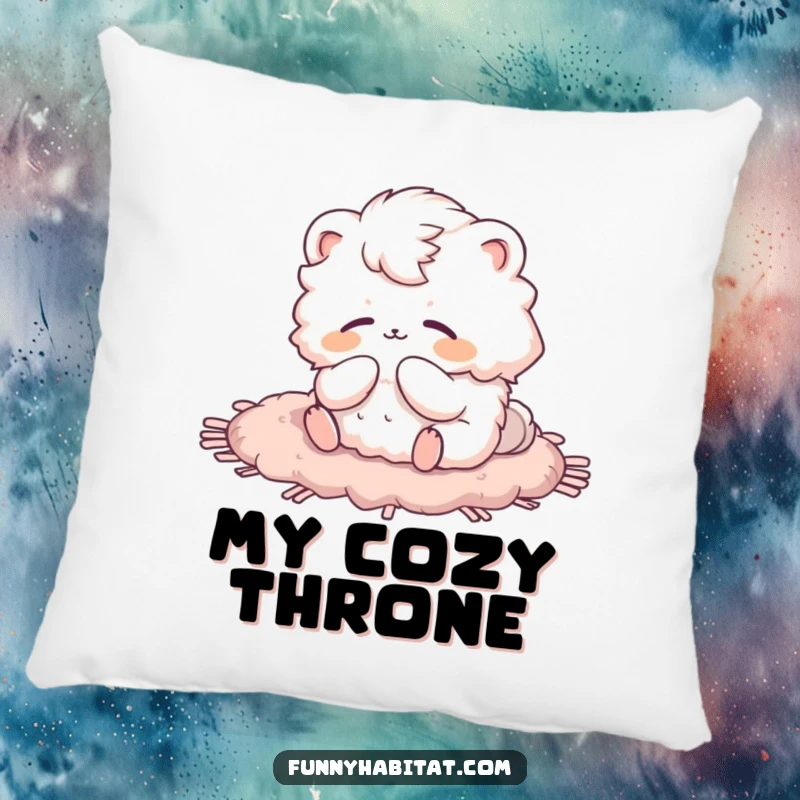 Funny decorative pillow featuring a fluffy animal character grooming on a rug, perfect for comfort and humor.