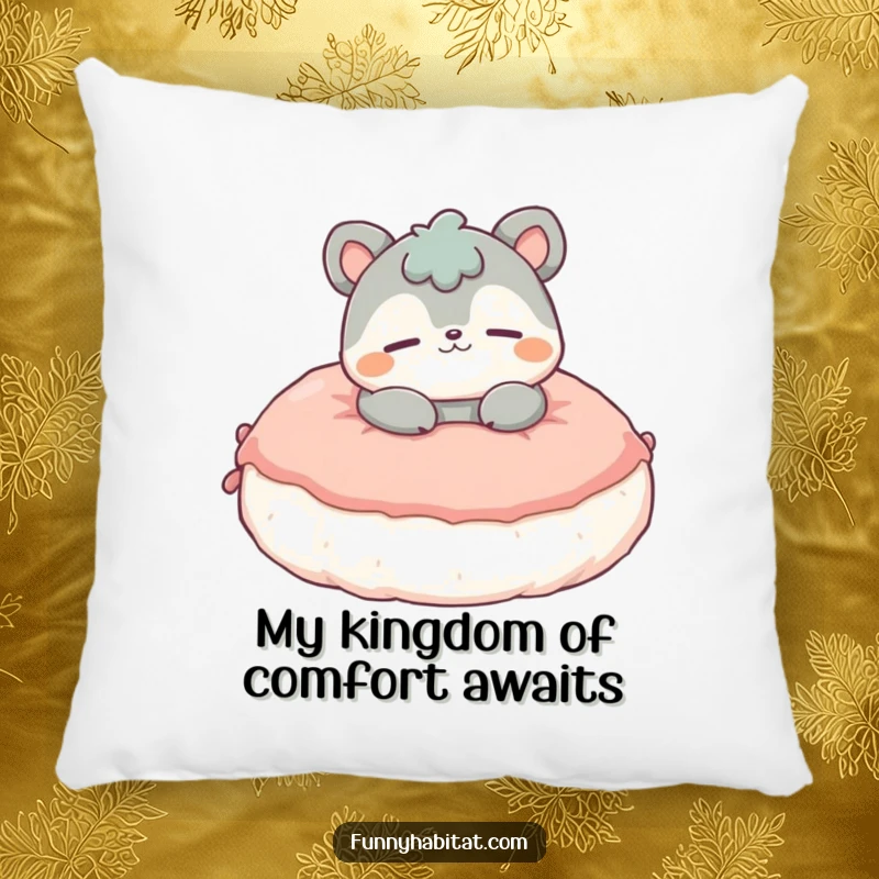 Funny Pillow with a contented animal character blissfully lounging on a fluffy cushion, offering both comfort and humorous decor.