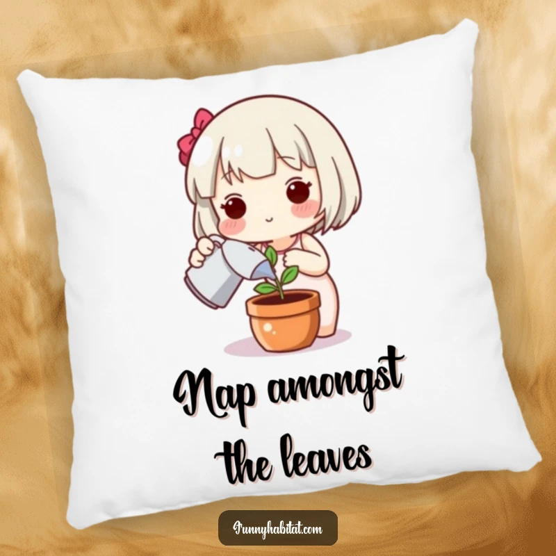 Funny plant pillow, a cute character happily watering a plant, perfect for adding comfort and a touch of gentle humor.