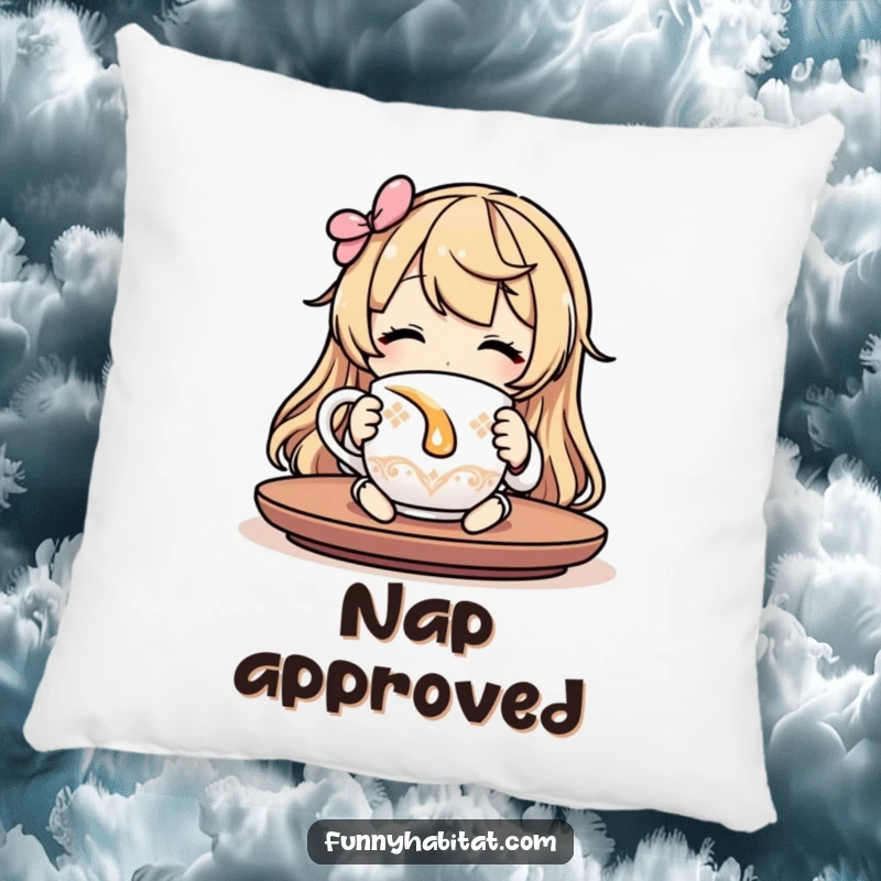 Funny cozy pillow featuring a character relaxing with tea, adding comfort and humor to any seating area.