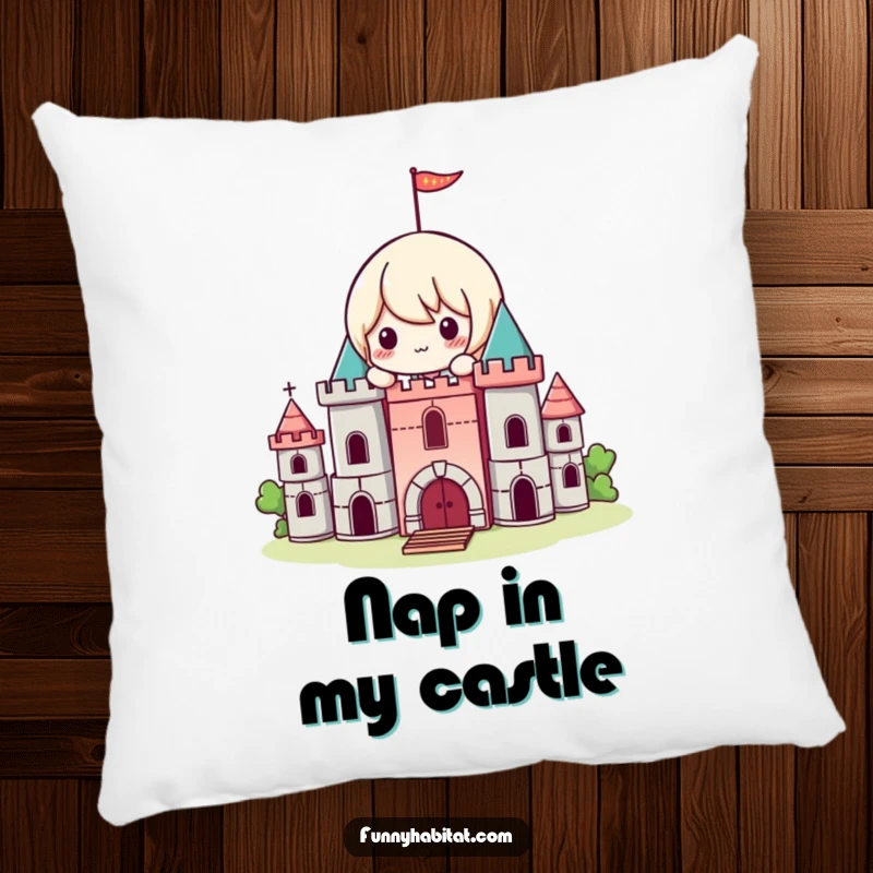 Funny Kawaii Pillow, a playful character builds a small castle with blocks, soft and decorative.