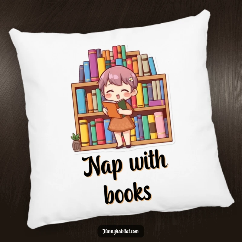 Funny bookworm pillow featuring a character organizing a bookshelf, adding comfort and humor to any reading space.