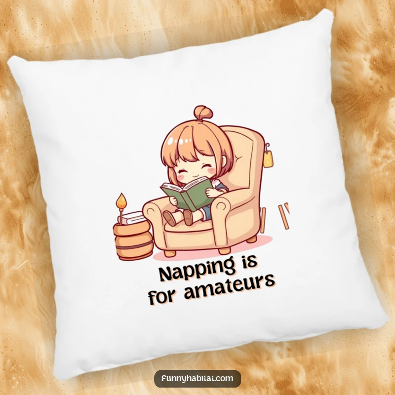 Funny pillow featuring a character nestled in a cozy armchair, deeply engrossed in reading a book for ultimate comfort.
