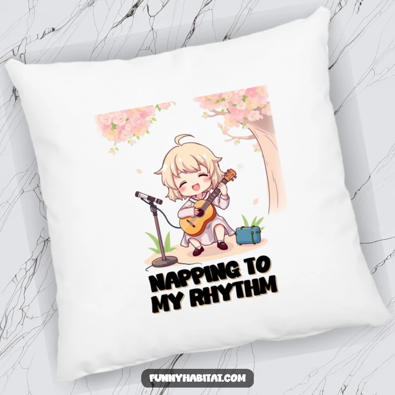 Funny pillow showcasing a character happily playing a banjo in a sunny meadow, adding comfort and humor to any room.