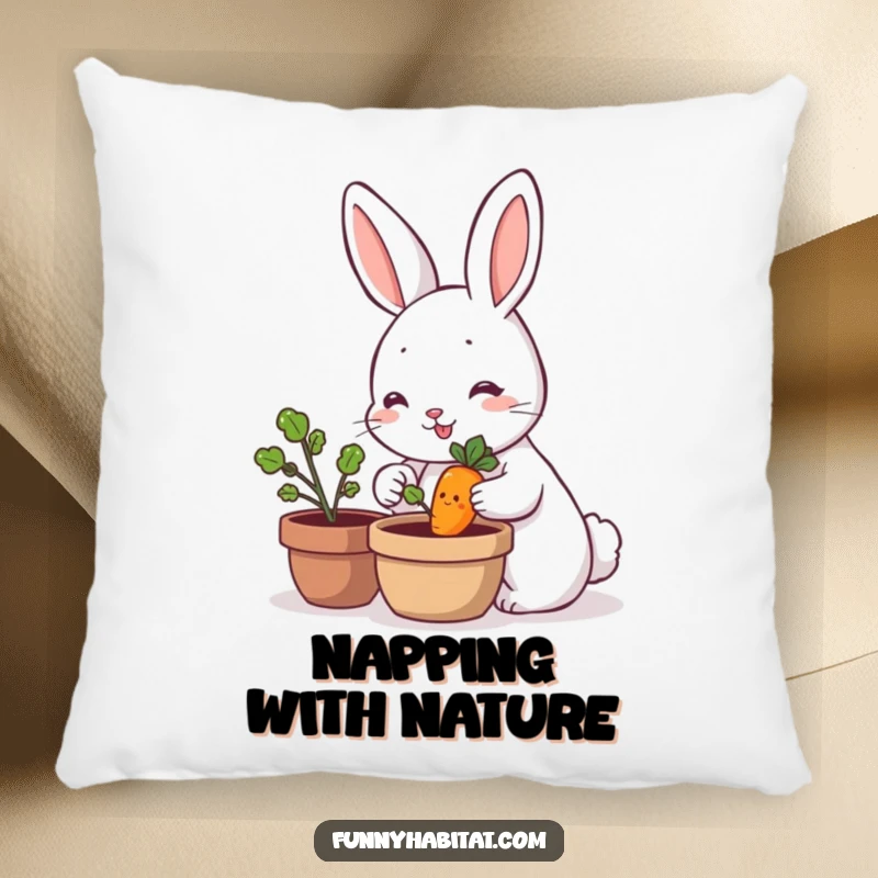 Funny rabbit character carefully tending a small, smiling carrot plant, a soft and humorous decorative pillow.