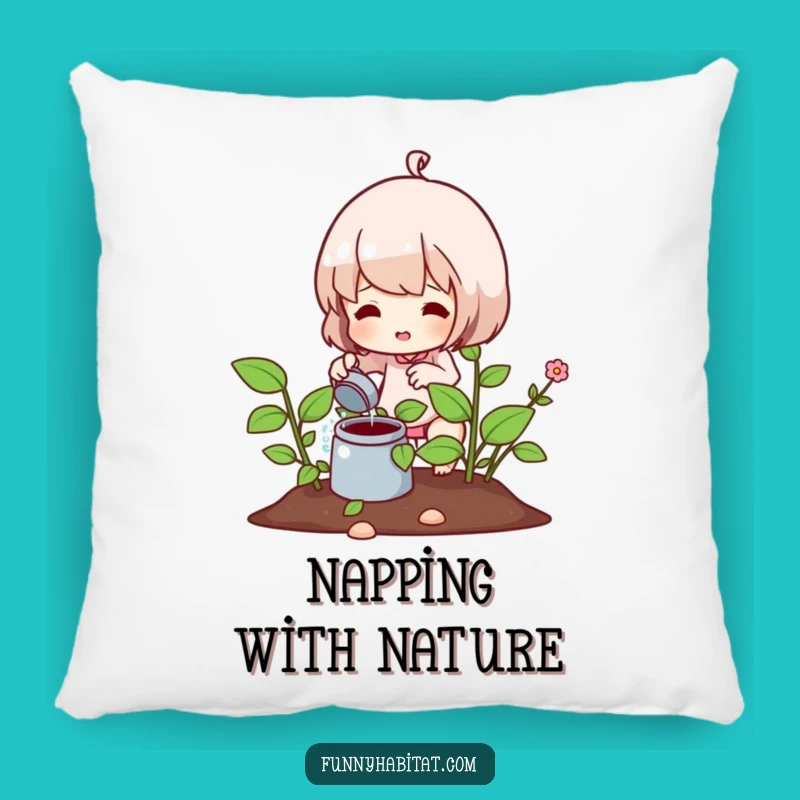 Funny Accent Pillow: Gardener Character Watering Plant Comfort Decor