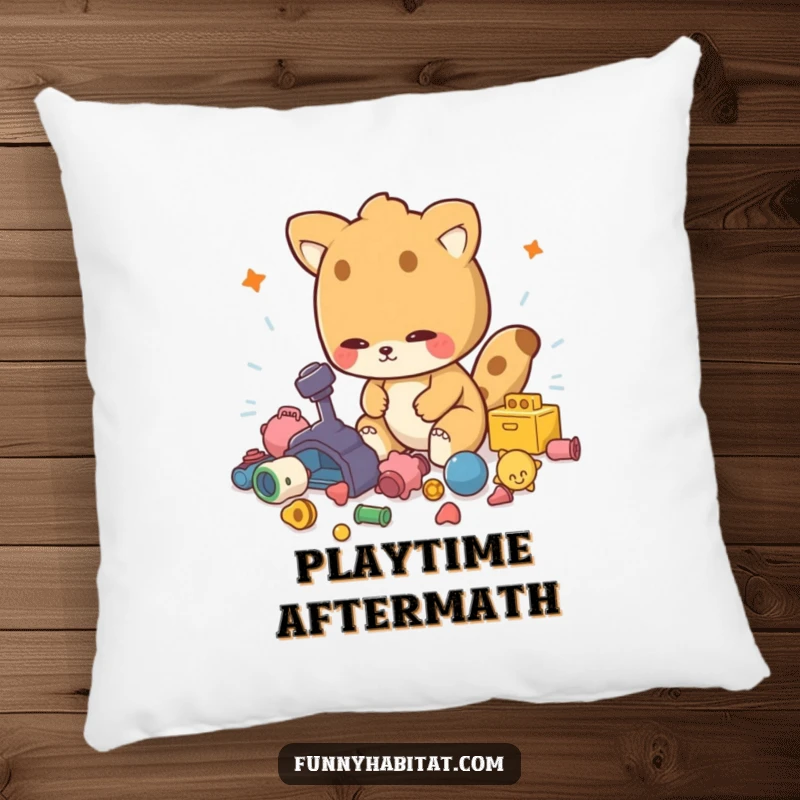 Funny decorative pillow with an energetic animal character tidying toys, perfect for comfort and a neat aesthetic.