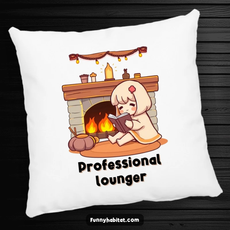 Funny character reading a book by a glowing fireplace, on a soft decorative pillow.
