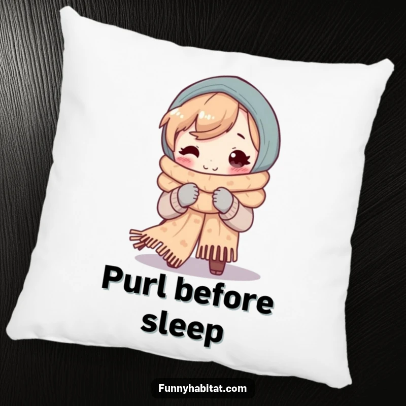 Funny pillow showing a character with a smile, knitting a warm and cozy oversized scarf, perfect for relaxation.